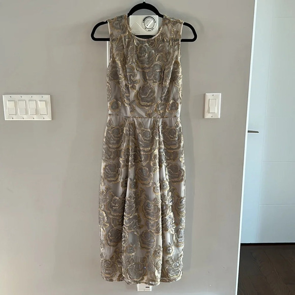 BHLDN x  Hitherto Anthropologie Eleanor Metallic Gold Silver Floral Dress - Picture 2 of 9